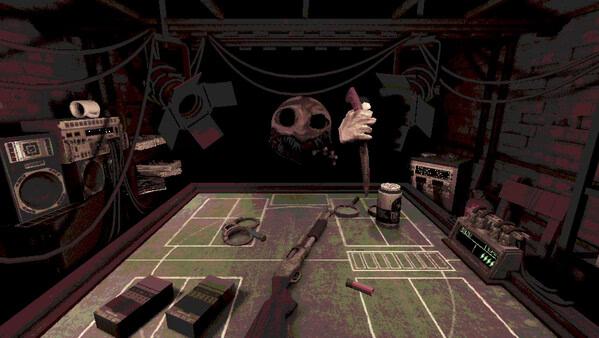 Screenshot of Buckshot Roulette showing a game table with a shotgun, shells, and eerie floating mask and hand holding a knife.