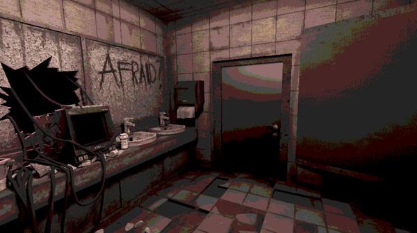 Screenshot from Buckshot Roulette: A dimly lit bathroom with graffiti on the wall and broken mirrors, creating a tense atmosphere.
