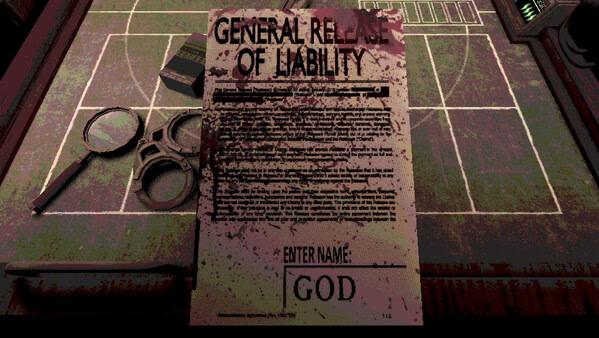 A Buckshot Roulette screenshot showing a general release of liability form, magnifying glass, and pen on a game board.