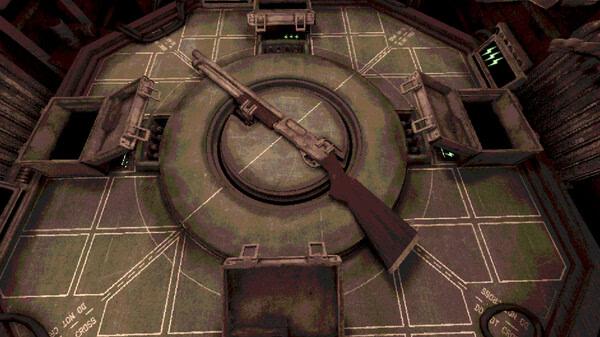 Screenshot of Buckshot Roulette game showing a detailed shotgun on a circular platform in a dimly lit industrial setting.