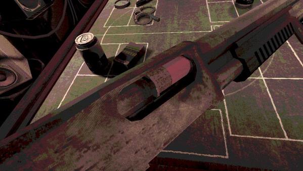 Screenshot from Buckshot Roulette showing a shotgun on a table with scattered scopes and ammunition.