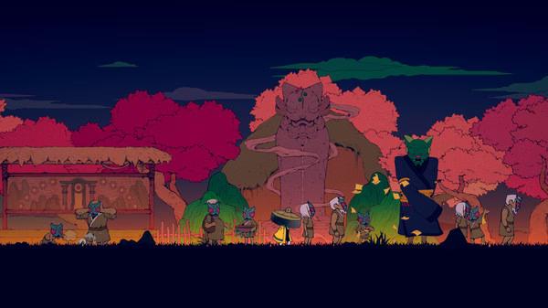 Screenshot from Nine Sols showing a group of animal-like characters in a vibrant landscape with pink trees and a stone statue.
