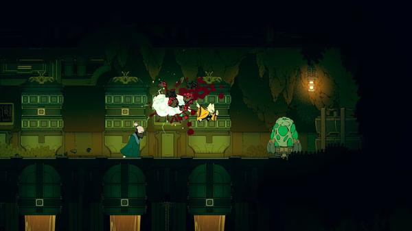 Screenshot from Nine Sols showing a character in a cloak attacking a yellow creature in a dimly lit, overgrown corridor.