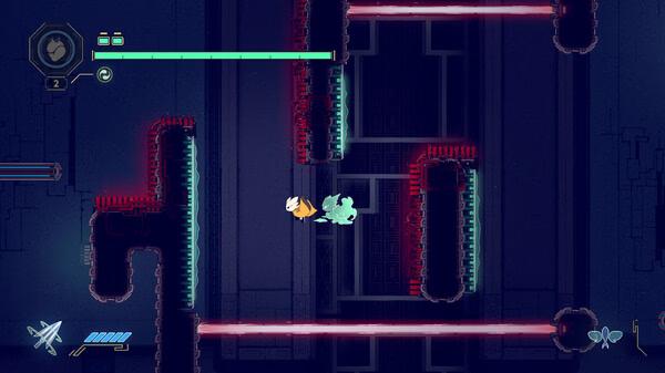 Screenshot from Nine Sols showing a character navigating a futuristic maze with glowing red and blue elements.