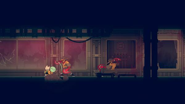 Screenshot from Nine Sols showing a character battling two enemies in a dimly lit corridor with glowing red windows.