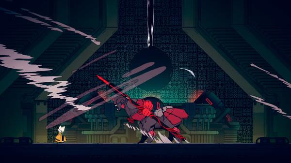 Screenshot from Nine Sols showing a character facing a large, armored foe with a red sword in a futuristic setting.