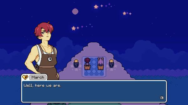 Screenshot from Fields of Mistria: a character named March stands on a hilltop under a starry night sky.