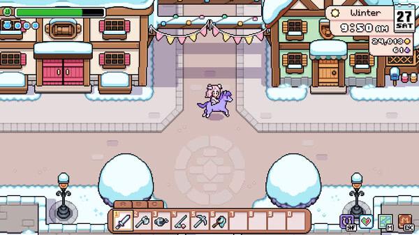 Fields of Mistria screenshot: A player rides a purple llama through a snowy village, with tools visible in the inventory bar below.