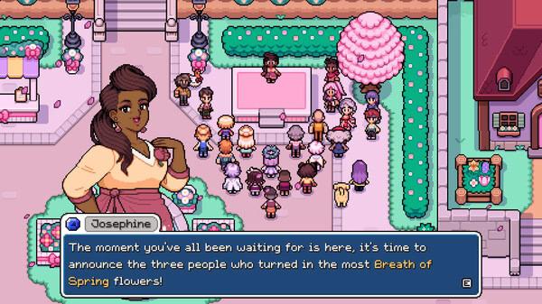 Screenshot from Fields of Mistria showing a character named Josephine addressing a crowd in a colorful town square.