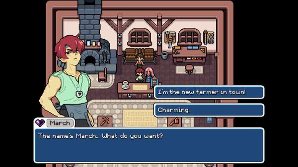 Screenshot from Fields of Mistria: March, a character with red hair, stands in a cozy room, engaging in dialogue choices.