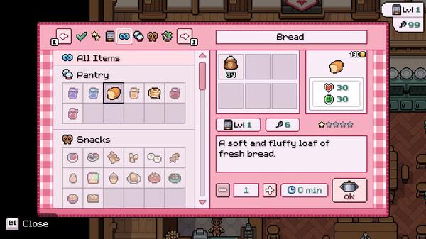 Screenshot from Fields of Mistria showing the inventory menu with a description of a bread item and its effects on the player.