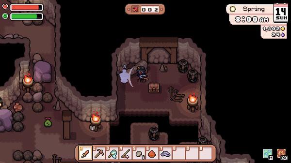 Fields of Mistria screenshot: A player explores a dim cave with torches, a treasure chest, and enemies in a mining area.