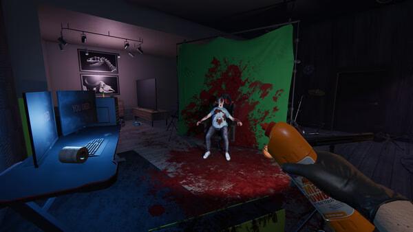Screenshot from Crime Scene Cleaner: A person in a blood-stained shirt stands beside a green screen in a messy room.