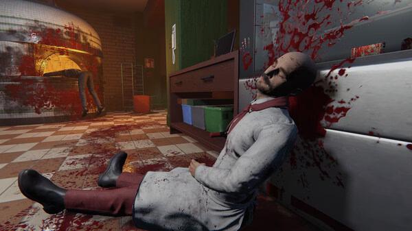 Screenshot from Crime Scene Cleaner game shows a bloodied crime scene with a deceased man leaning against a fridge in a chaotic room.