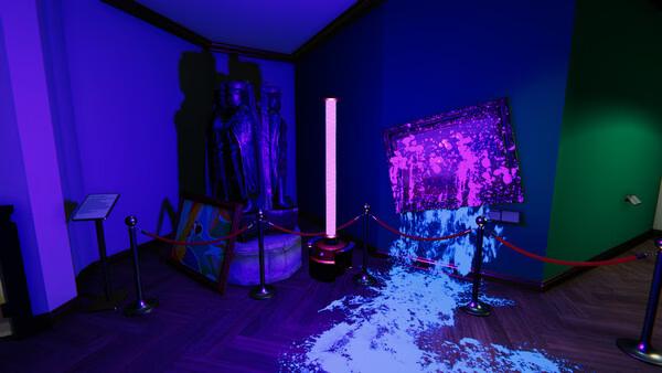 Crime Scene Cleaner screenshot: A museum exhibit with statues, a damaged painting, and neon cleaning equipment in progress.