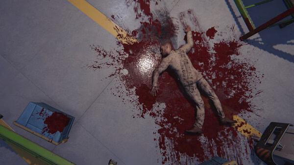 Screenshot from Crime Scene Cleaner game showing a crime scene with a body lying in a pool of blood, surrounded by scattered items.