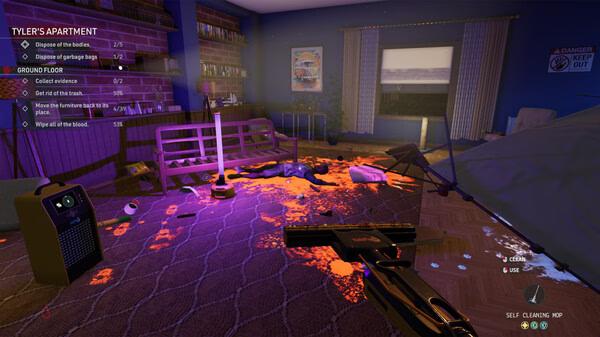 Screenshot from Crime Scene Cleaner showing a messy room with tasks like disposing bodies and cleaning blood visible on screen.