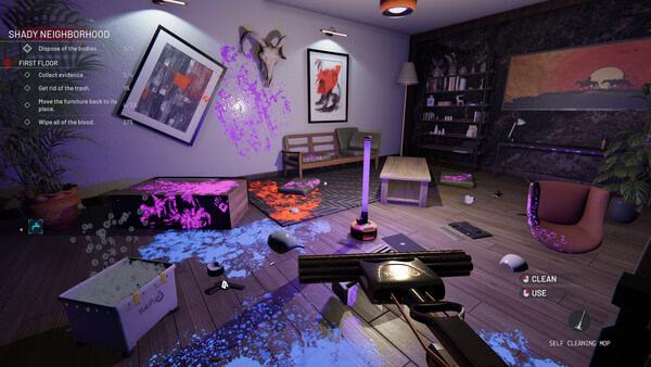 Screenshot from 'Crime Scene Cleaner' showing a living room with scattered trash and blood stains. A cleaning kit is visible.