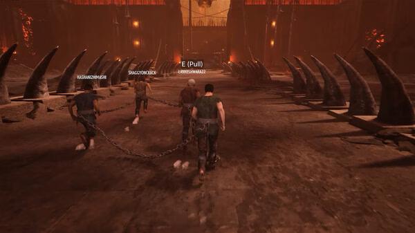 Screenshot from the game Chained Together showing four players chained together, navigating a spike-lined pathway in a dim, fiery environment.