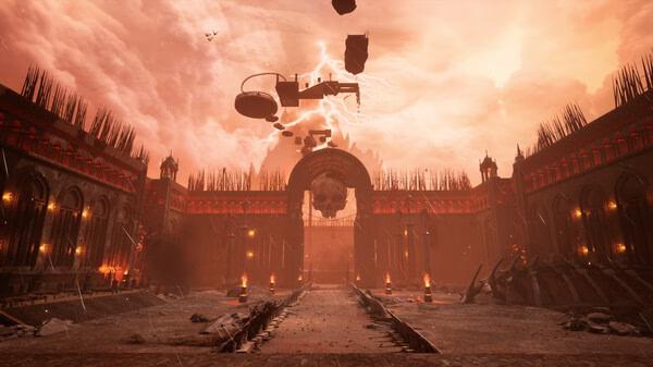 Screenshot from 'Chained Together' showing a dramatic, spiked fortress under a fiery sky with floating debris and lightning.