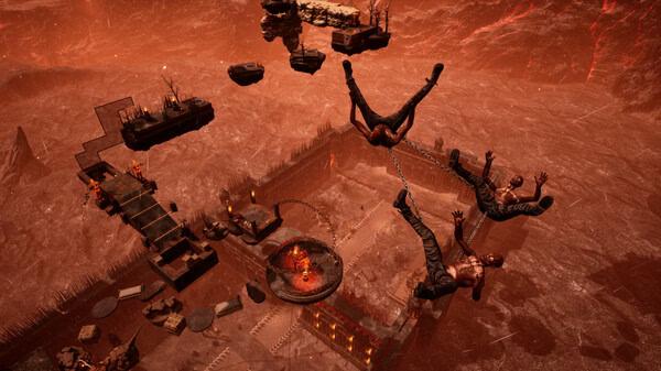 Screenshot from 'Chained Together': Two characters are chained together, suspended above a fiery, obstacle-filled arena.