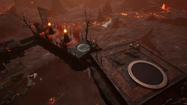 Screenshot of 'Chained Together' game showing a lava-filled landscape with platforms connected by chains and barren trees.