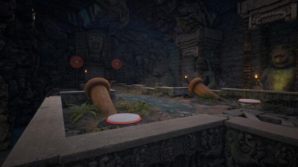 Screenshot from 'Chained Together' showing a stone room with ancient statues, targets, and two large stone hands reaching out.