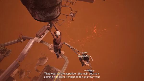 Screenshot from 'Chained Together': Two characters hanging from a chain over a fiery landscape, with dialogue about a spicy main course.