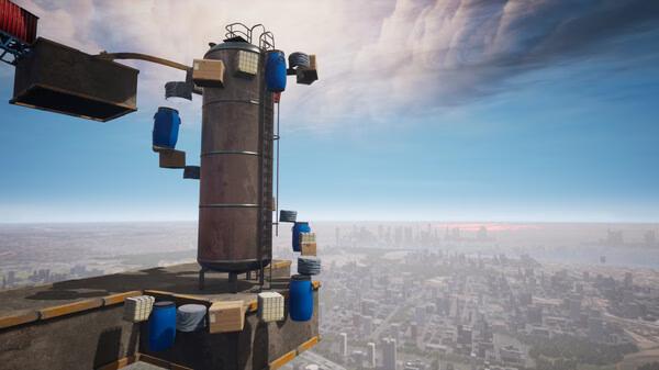 Screenshot from Chained Together: A metal tower with barrels and crates stacked spirally, set against a city skyline.
