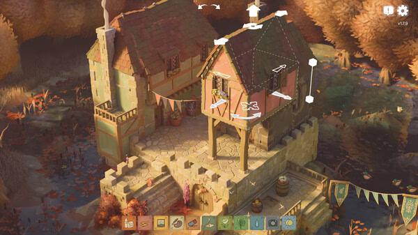 Screenshot from Tiny Glade showing a cozy cottage under construction, surrounded by autumn trees and a stone courtyard.