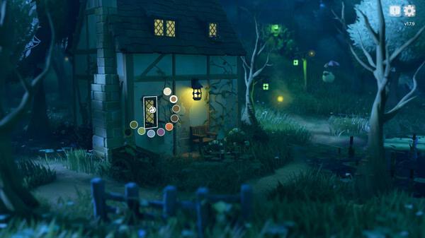 Screenshot from Tiny Glade showing a cozy cottage surrounded by trees, glowing lights, and a fence in a serene nighttime setting.