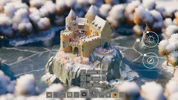 Screenshot from Tiny Glade showing a detailed medieval castle on a snowy cliff, surrounded by icy waters and snowy trees.