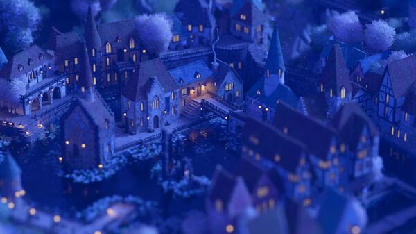 Screenshot of Tiny Glade showcasing a serene village at night, with illuminated buildings and peaceful water reflections.