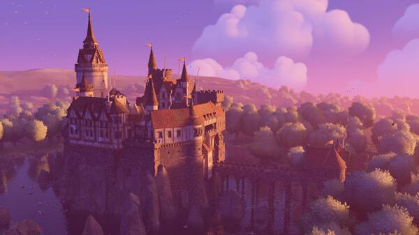 Screenshot from Tiny Glade showing a castle on a rocky cliff surrounded by water and trees under a vibrant purple sky.