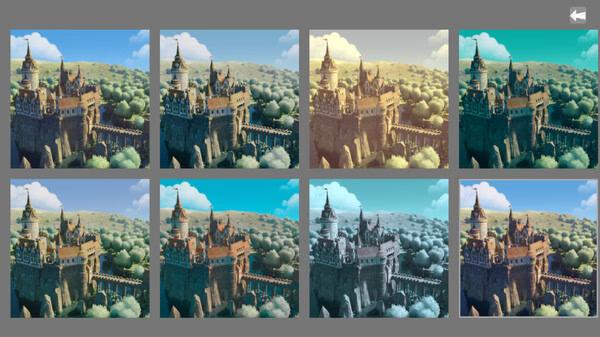 Tiny Glade screenshot showing a castle surrounded by trees, displayed in a grid with various lighting and color filters.