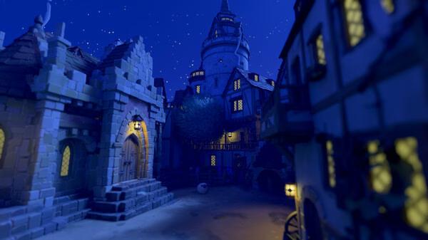 A screenshot from Tiny Glade showing a cozy medieval village lit by glowing windows under a starry night sky.