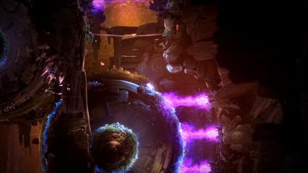 Screenshot from "Ori and the Will of the Wisps" showing glowing purple energy beams and intricate cavernous structures.