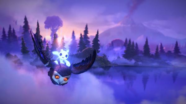 Ori and the Will of the Wisps screenshot showing Ori riding a flying owl, with a misty forest and mountain in the background.