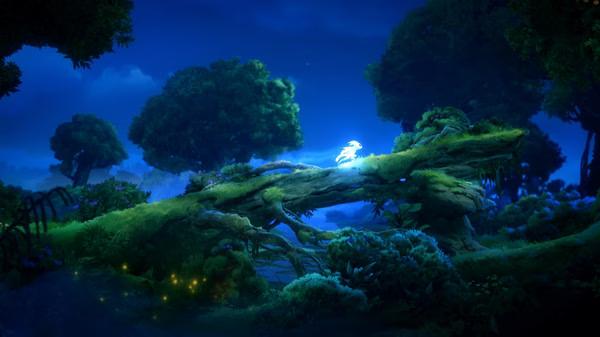 Screenshot of Ori and the Will of the Wisps featuring Ori on a moss-covered tree branch surrounded by a glowing forest at night.