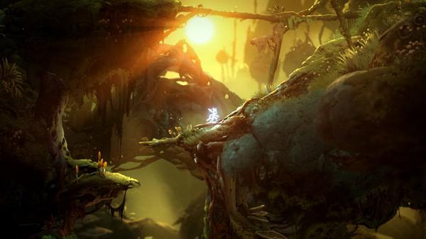 Screenshot from 'Ori and the Will of the Wisps' featuring Ori standing on a lush, sunlit forest ledge with vibrant greenery.
