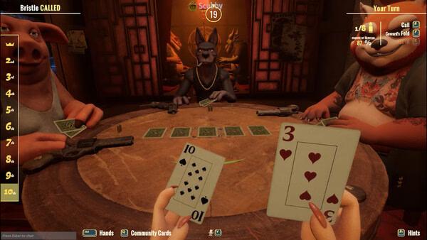 Screenshot of Liar's Bar game, showing a poker table with cards and three animal characters engaged in a tense match.