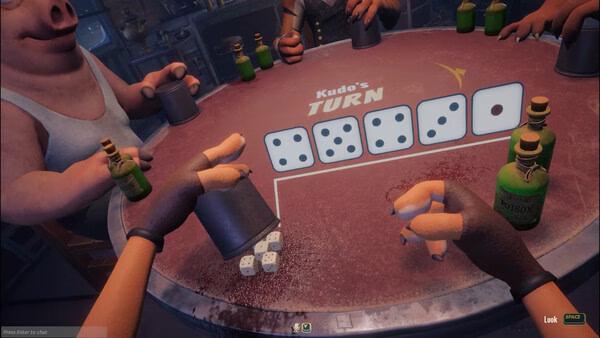 A screenshot from Liar's Bar shows players at a table rolling dice, surrounded by poison bottles and cups in a tense game.