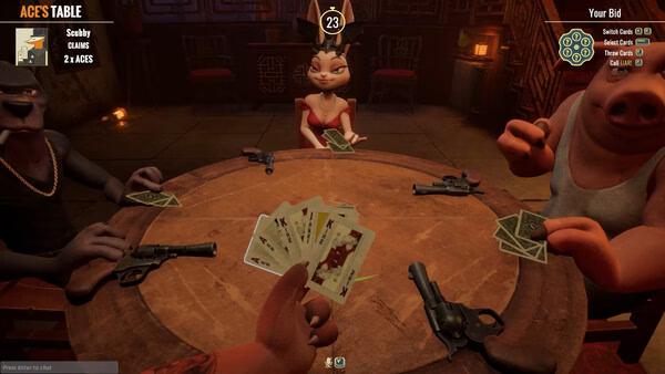 Screenshot from Liar's Bar game showing a card game at a round table with characters holding cards and guns.