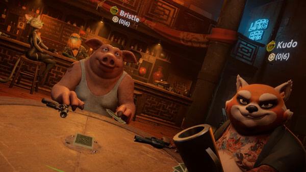 Screenshot from Liar's Bar showing anthropomorphic characters playing cards at a rustic bar table with weapons drawn.