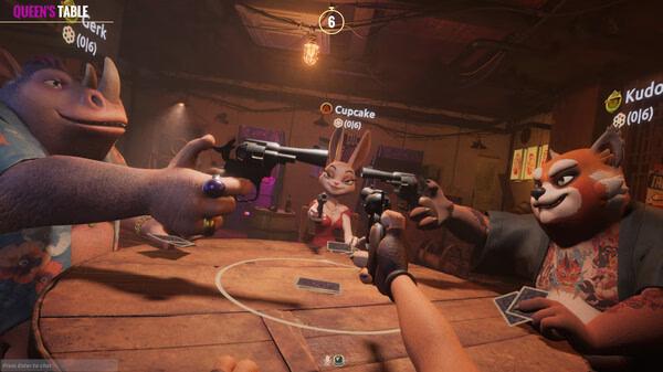 Screenshot from Liar's Bar game showing characters playing cards around a wooden table, each holding a gun.