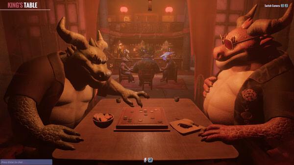 Screenshot from Liar's Bar game showing two dragon-like creatures playing a board game at a table in a dimly lit bar.