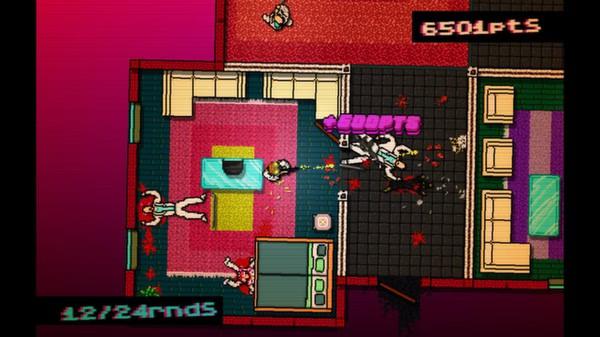 Hotline Miami screenshot showing a chaotic top-down view of a room with characters in combat, blood splatters, and score displayed.
