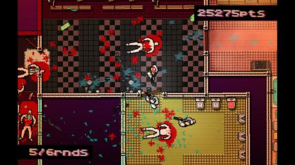 Hotline Miami screenshot: A chaotic top-down view shows bloodied floors, fallen enemies, and player character in intense action.