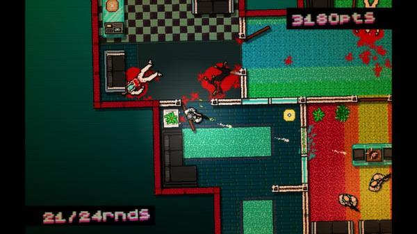 Screenshot from Hotline Miami showing a top-down view of a room with a character firing at enemies amidst colorful pixelated graphics.