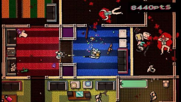 Hotline Miami screenshot: Top-down view of a violent scene in a colorful building with characters, weapons, and score displayed.